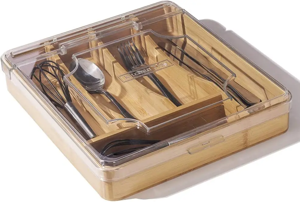 

Kitchen Drawer Organizer, 13 Inch Silverware Utensil Tray Holder,with Removable Lid, 5 Slots Total