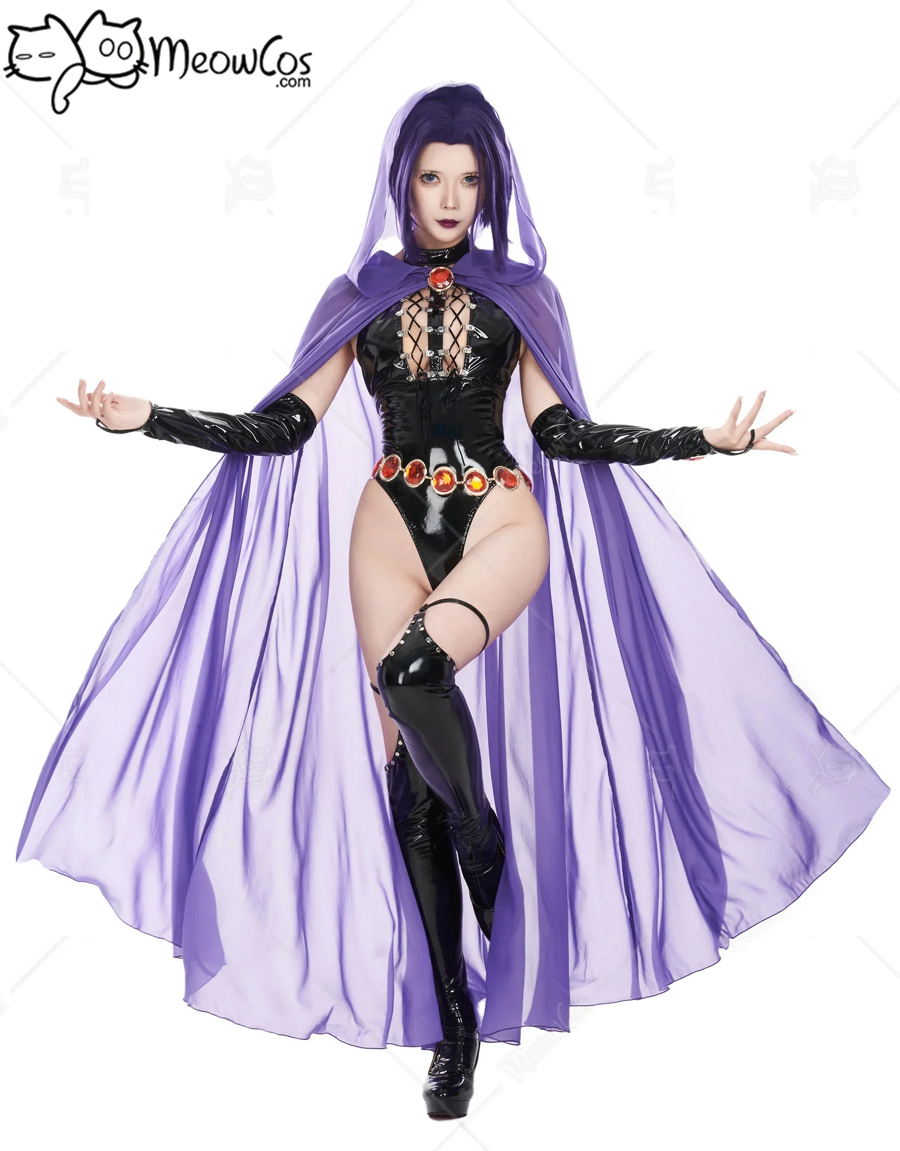 

Meowcos Women Erotic Lingere Set Gothic Sexy Halter Backless Front Hollow High Slit Cosplay Costume with Purple Cloak and Chain