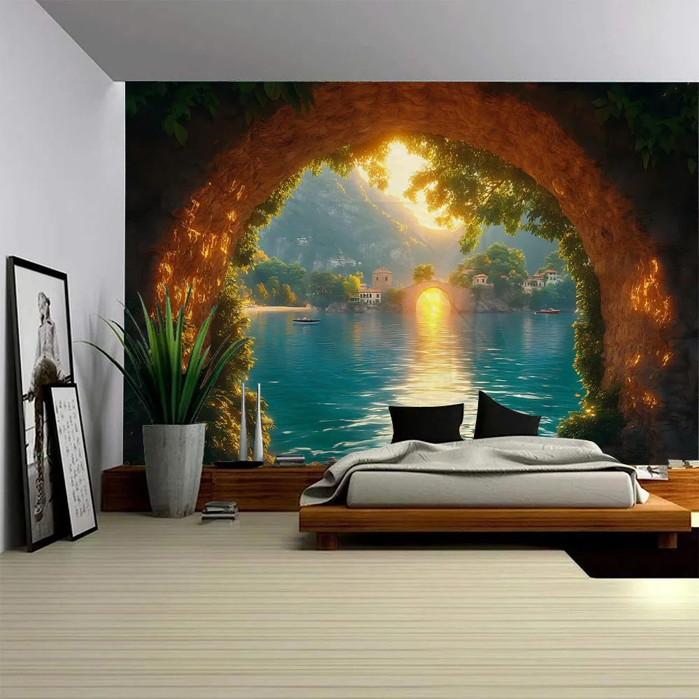 

Cave Sunrise Landscape Tapestry Home Decoration Wall Hanging Music Studio Living Room Decoration Fabric Background Poster