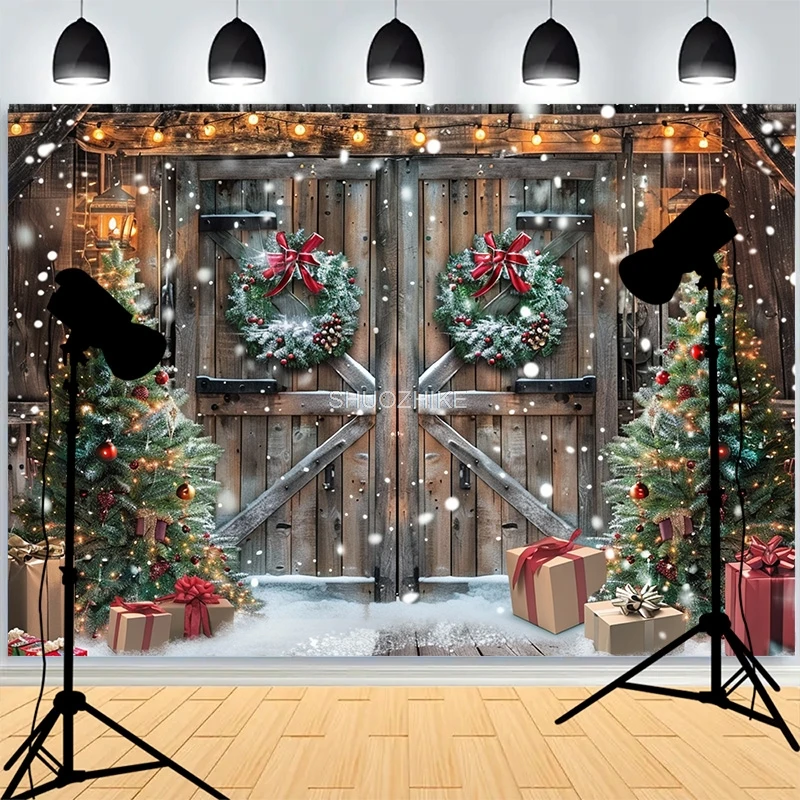 

Christmas Day Background Fireplace Living Room Decoration Snowflakes Pine Tree Family Party New Year Photography Backdrops XH-03