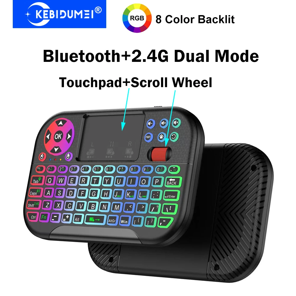 Teclado Mini Sem Fio KEBIDUMEI com Touchpad e Roda de Rolagem, Retroiluminação de 8 Cores, Controle Remoto Air Mouse Dual Mode BT 2.4G para PC e TV Bo
