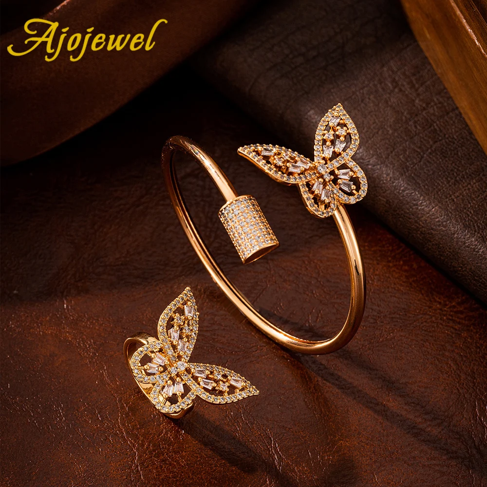 

Ajojewel Cubic Zirconia Butterfly Open Cuff Bangle & Ring Middle East Style Luxury Bridal Jewelry Set