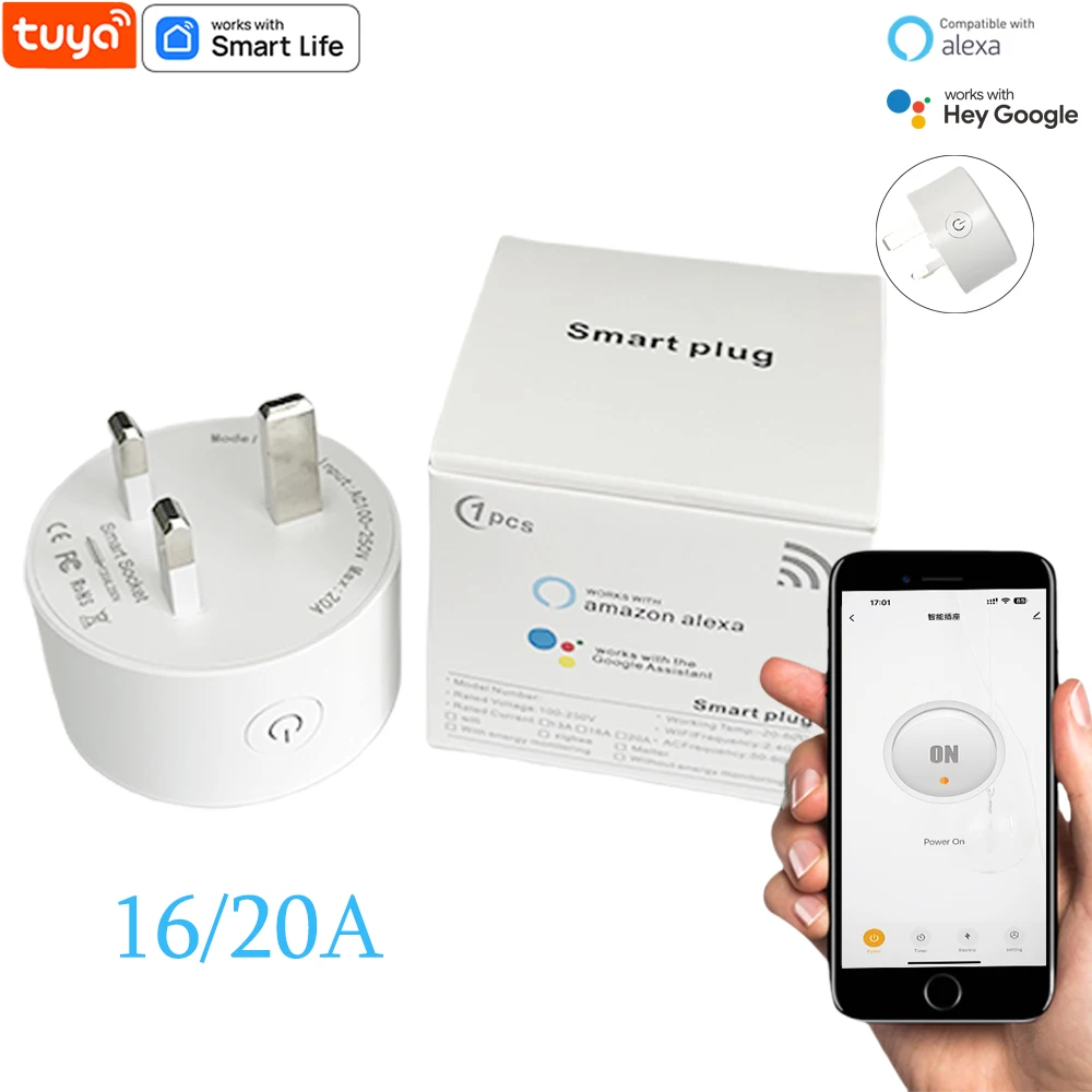 16/20A Tuya Smart Wifi Plug UK Wireless Control Socket Outlet with Energy Monitering Timer Function Works with Alexa Google Home