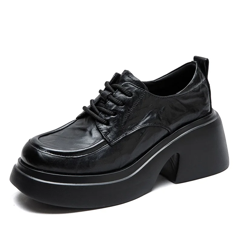 Dkanol 2024 modne damskie buty na platformie w stylu brytyjskim w stylu Retro ręcznie zarysowane buty z prawdziwej skóry bydlęcej gruby wysoki obcas