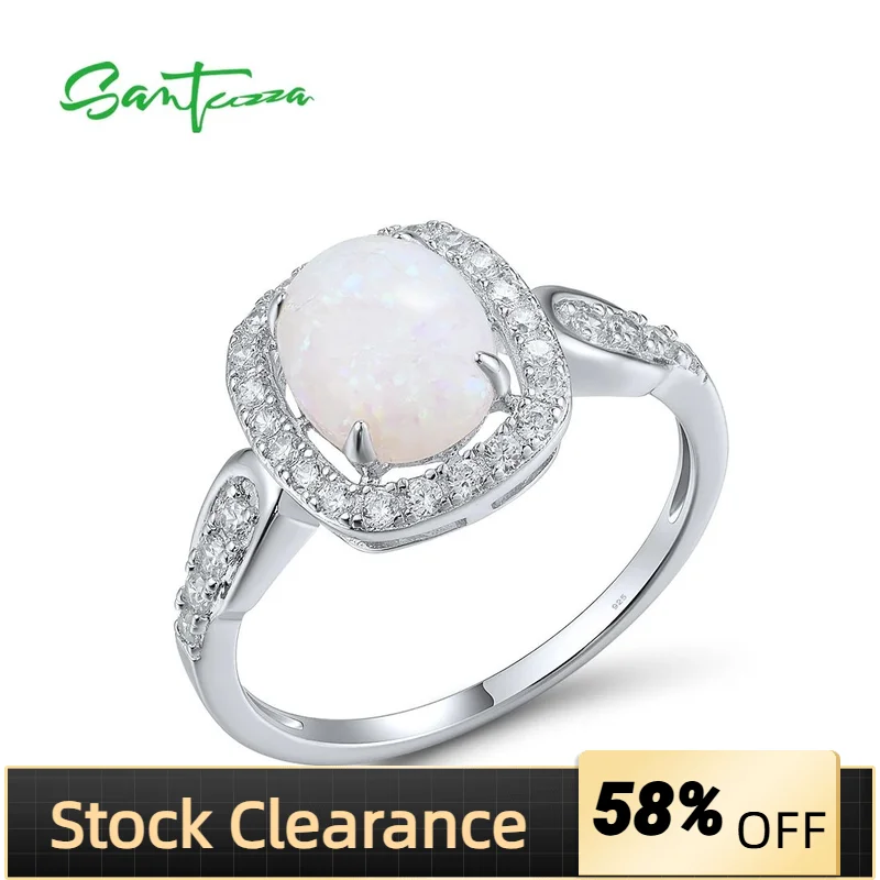 

SANTUZZA Silver Rings For Women Genuine 925 Sterling Silver Sparkling White CZ Created Opal Solitaire Party Gifts Fine Jewelry