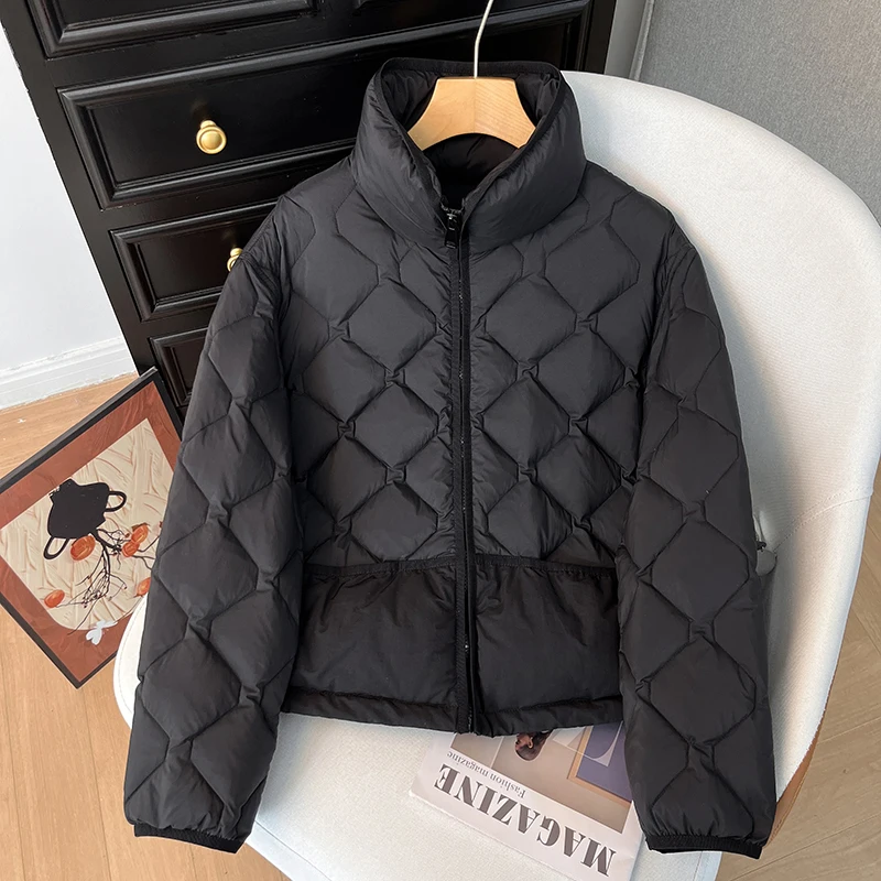 

Puffy Warm 90 White Du down Jaet Loose on Winter Coat Stitching Casual Sle Stand Collar Diamond Pattern Women's Out...
