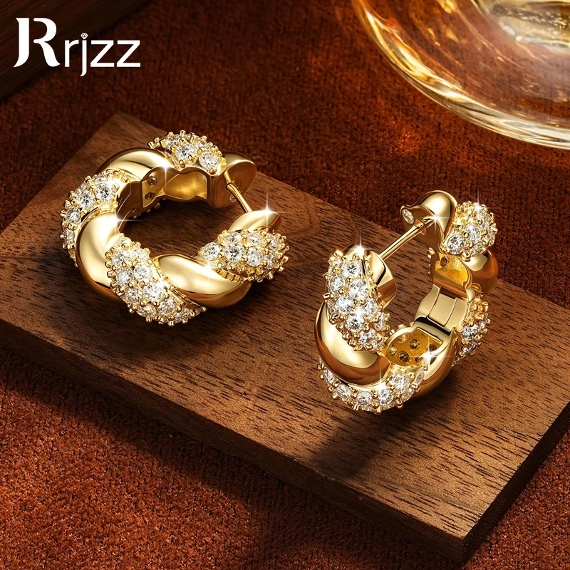 Rrjzz Brilliant D-Color Full Moissanite Pave Setting Engagement Hoop Earrings Distorted Wrapped Double Huggie Women Earrings