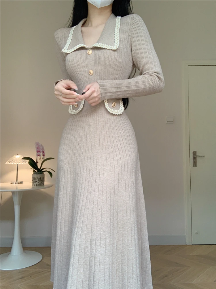 New Women French Knitted Dress Autumn Winter Slim A-line Lapel Casual Knitted Dresses Ladies Elegant Long Sleeve Midi Dress