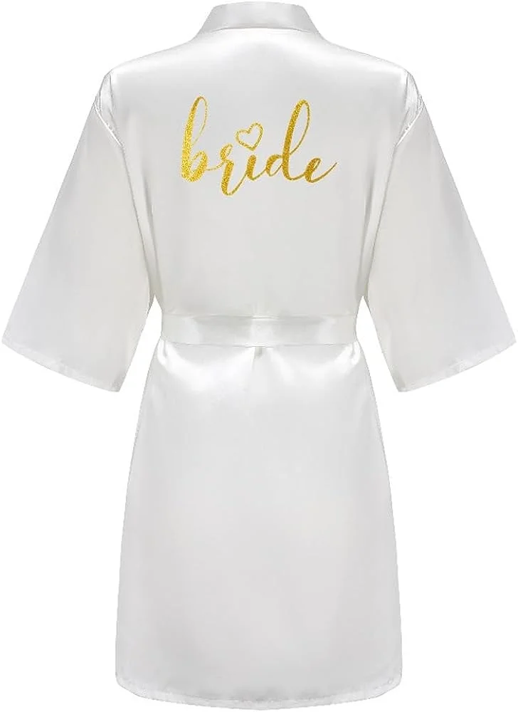 Wedding Party Team Bride Robe Kimono Satin Pajamas Bridesmaid Bathrobe Gold Letter SP093