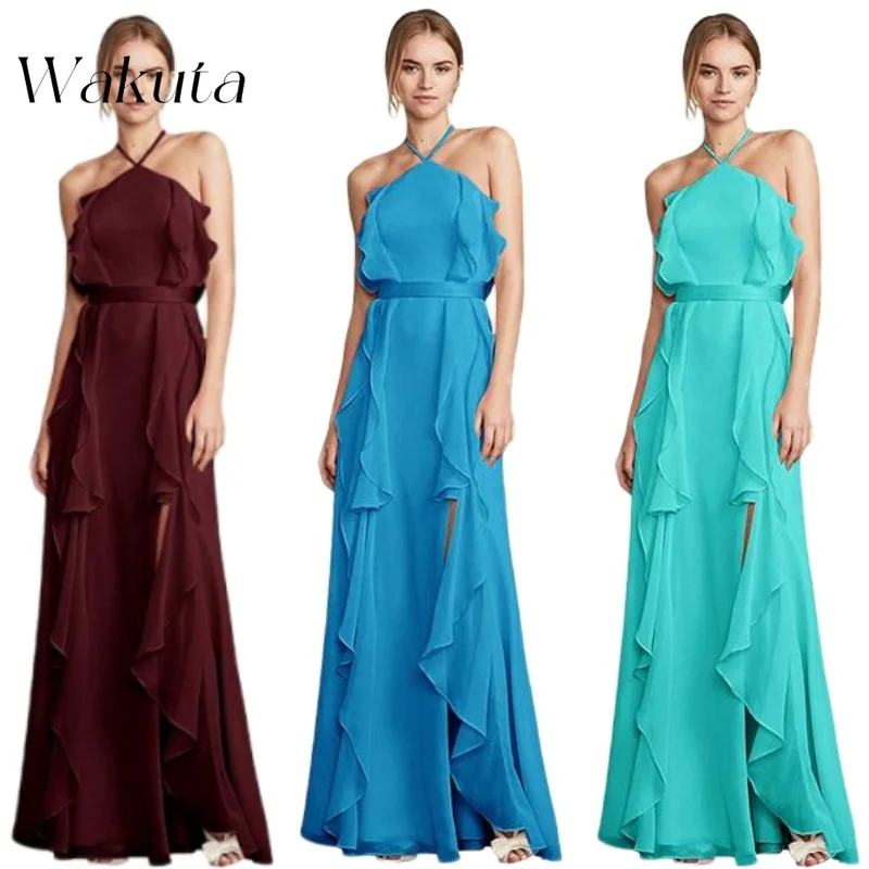 Wakuta Luxus hängenden Hals Kreuz ärmellose dünne Schulter gurt Chiffon Brautjungfer Robe A-Linie lange plissierte formelle Party Vestido