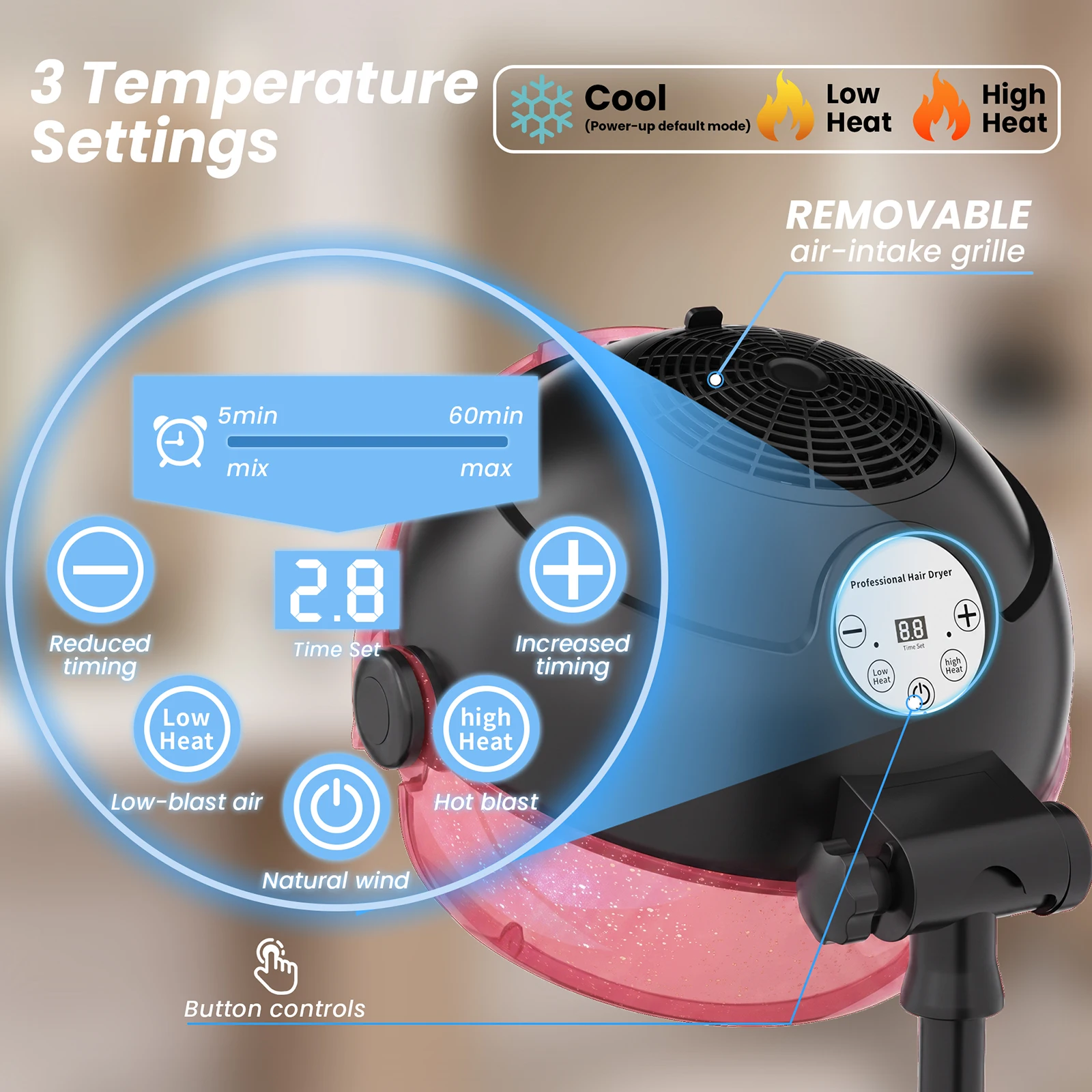 Stand‑Up Bonnet Hair Dryer, Rolling Wheels, 3 Temp & Timer, Height‑Angle Adjustable, Home Salon Perm Steamer, Pink