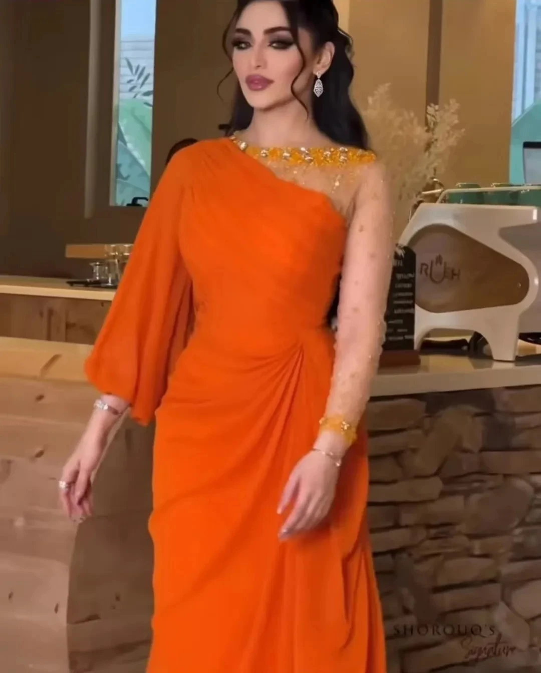 Saudi Arabia Women\'s Prom Dress Orange Beads One-Shoulder Evening Dresses Tulle Sleeve Illusion Ankle-length Formal Party Gowns