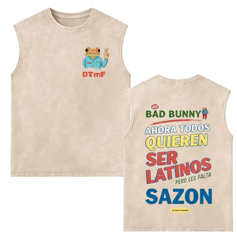 Rapper Bad Bunny Washed Tank Tops Debi Tirar Mas Fotos DTMF World Tour 2026 T-shirt Men Women Fashion Hip Hop Sleeveless Vest