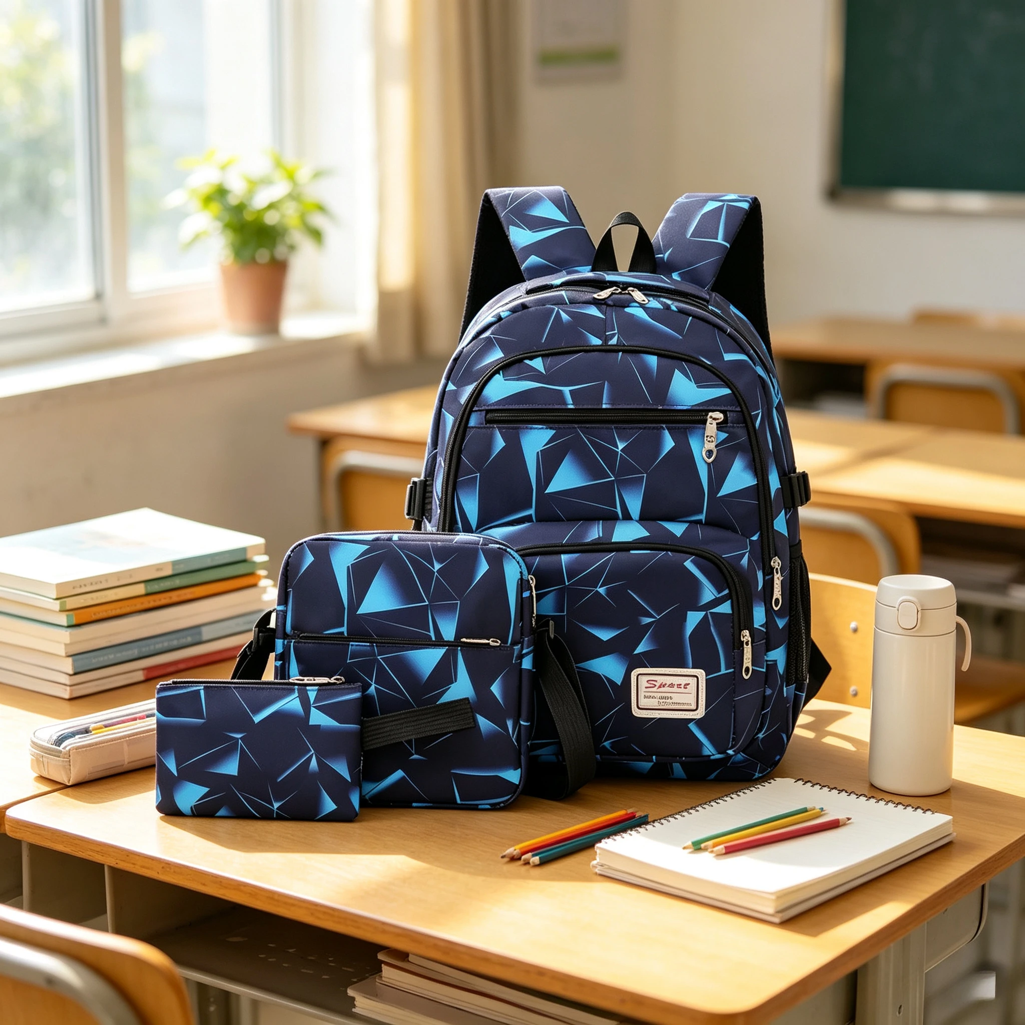 3 Piece Geometric Print School Backpack Set with Shoulder Bag Pouch for Teens Boys Girls Daily