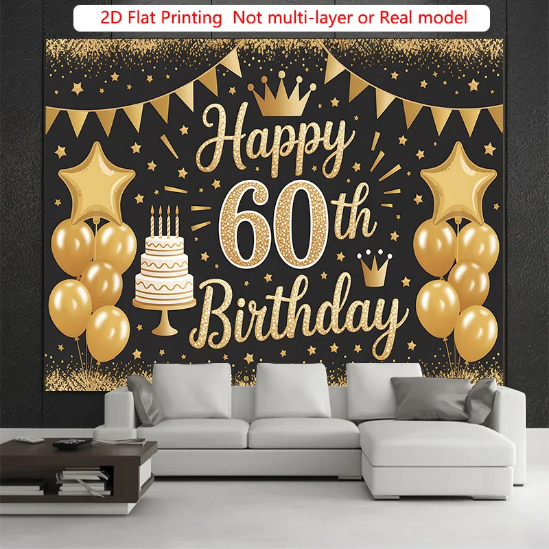 Happy 60th Birthday Black Gold Banner Tapestry 2D Flat Balloon Cake Wall Hanging for Party Decoration Senior Celebration Fabric