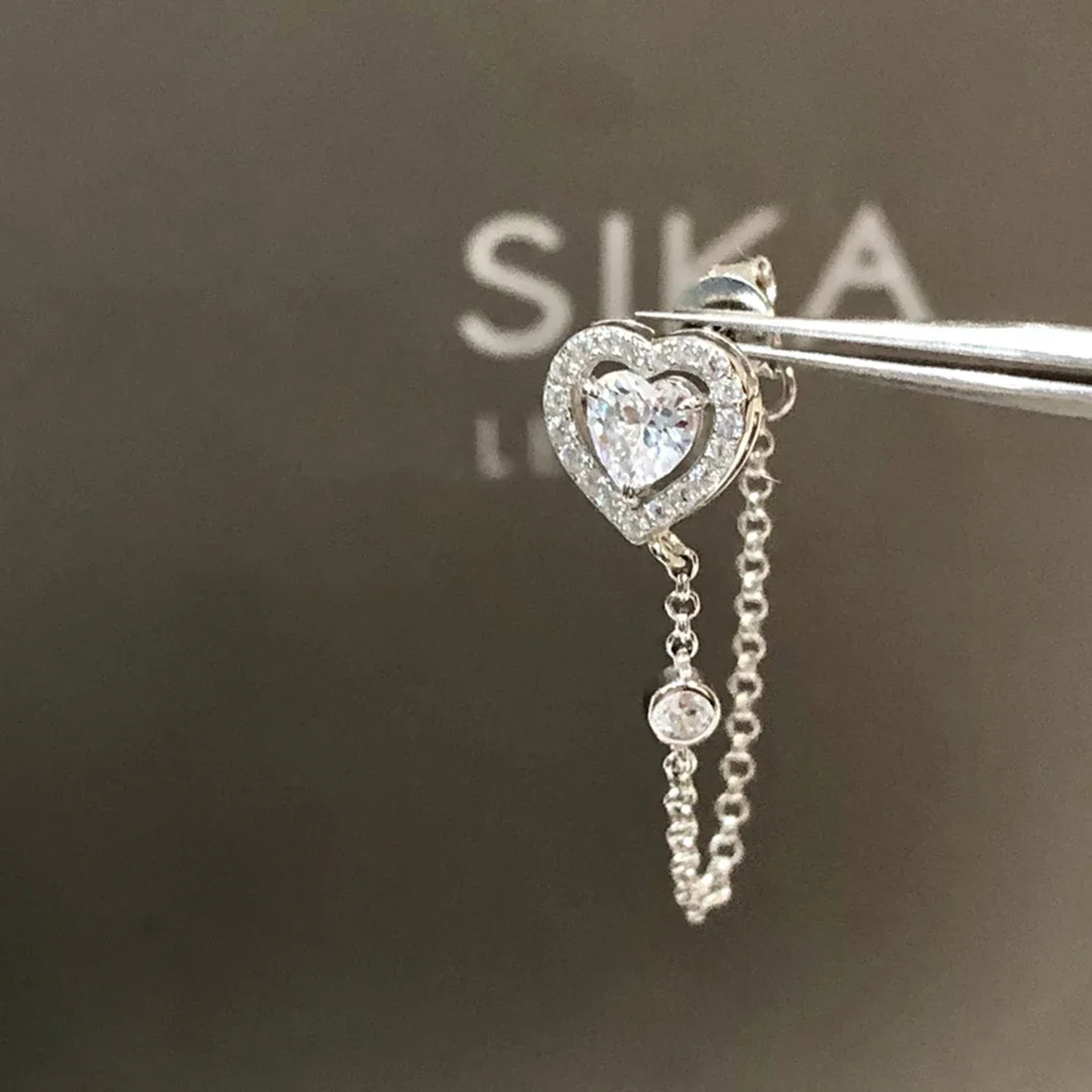 CY 925 Sterling Silver Luxury Brand Jewelry, Heart-Shaped Diamond Single Sided Earrings, Asymmetric Earrings. Wedding Gift