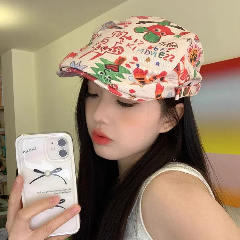 Korean Version of Cute Graffiti Newsboy Berets for Woman Spring and Summer Travel Versatile Niche Retro Funny Painter Hats Man