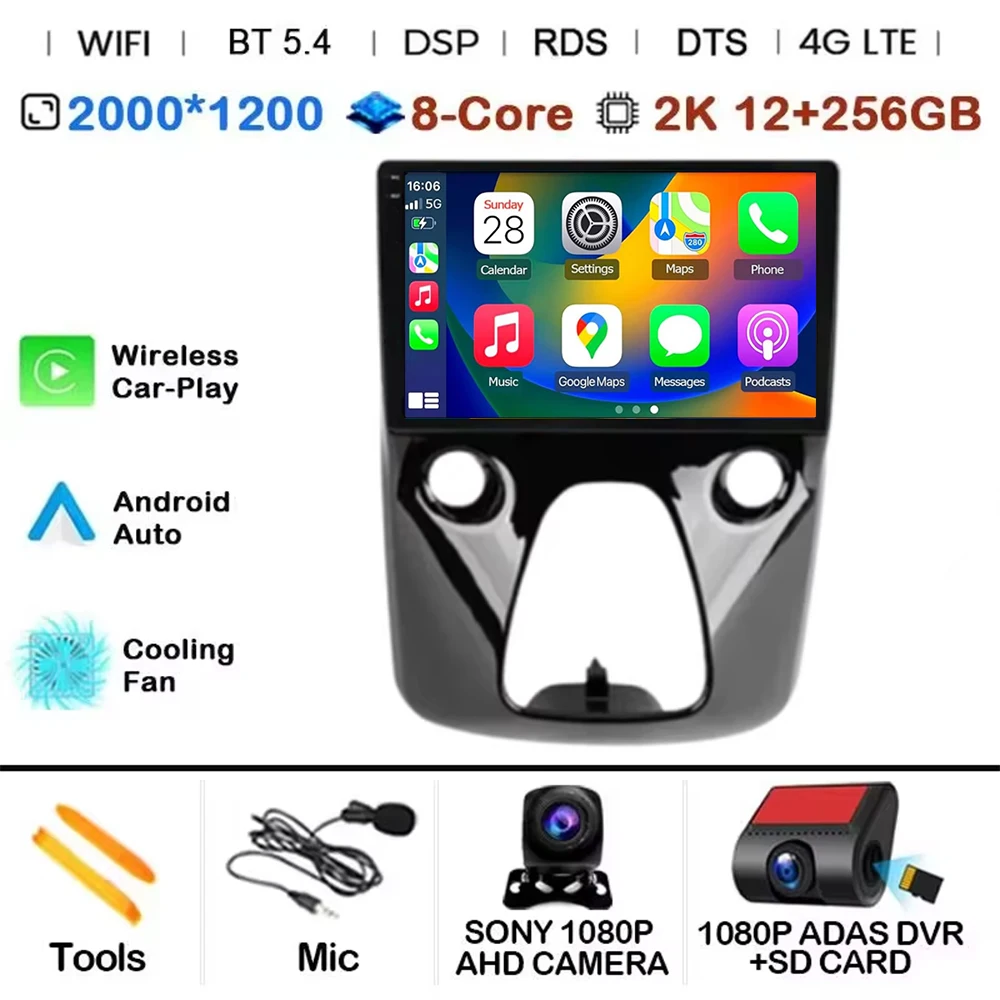 Android 15 CarPlay Auto autoradio voor Toyota Aygo, Peugeot 108, Citroën C1 2014~2021 Multimedia Videospeler GPS Navigatie