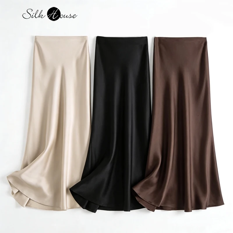 2026 Women's Early Spring New Heavy 100% Natural Mulberry Silk Satin Solid Slant Cutting Slimming Bag Hip Fishtail Skirt