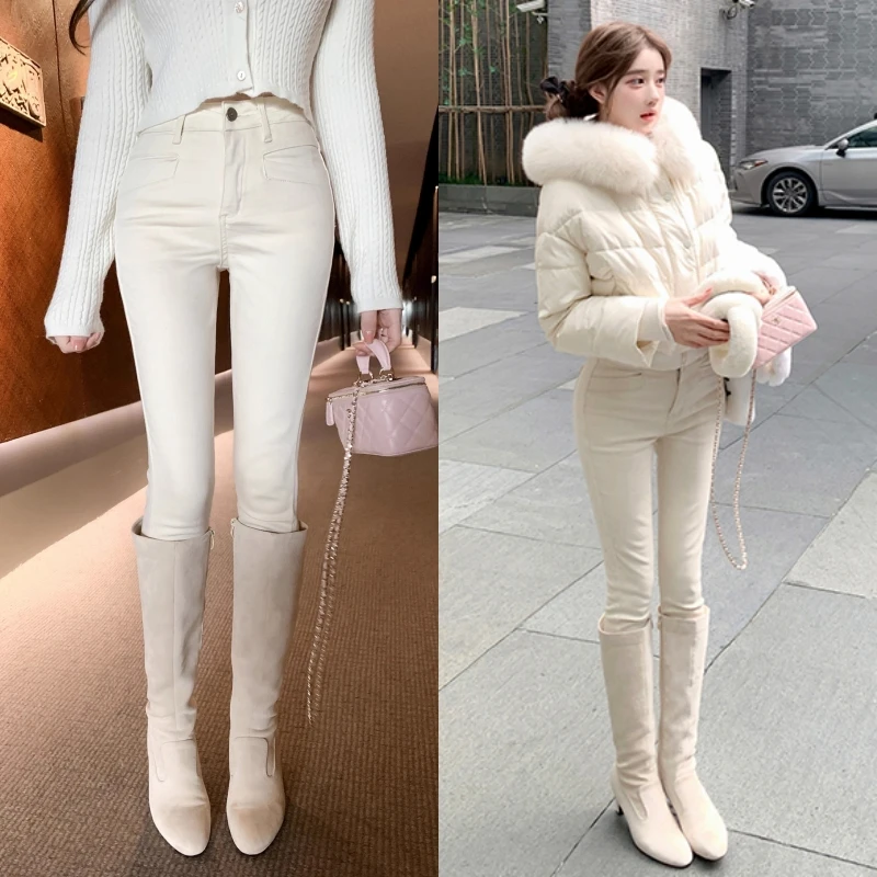 Fleece‑Lined High‑Waisted Skinny Jeans for Women, Figure‑Flattering High Rise Denim Pants, Elegant Tapered Leg Casual Jeans