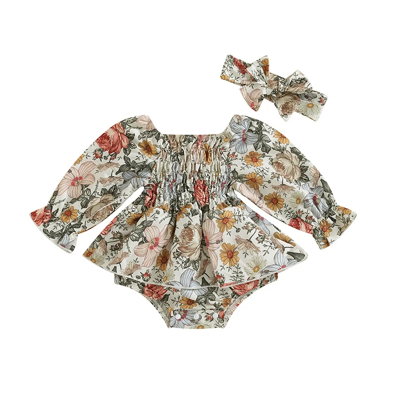 

Infant Baby Girl Spring Autumn New Style Romper Dress Flower Print Long Sleeve Off-shoulder Romper Jumpsuit + Bow Headband