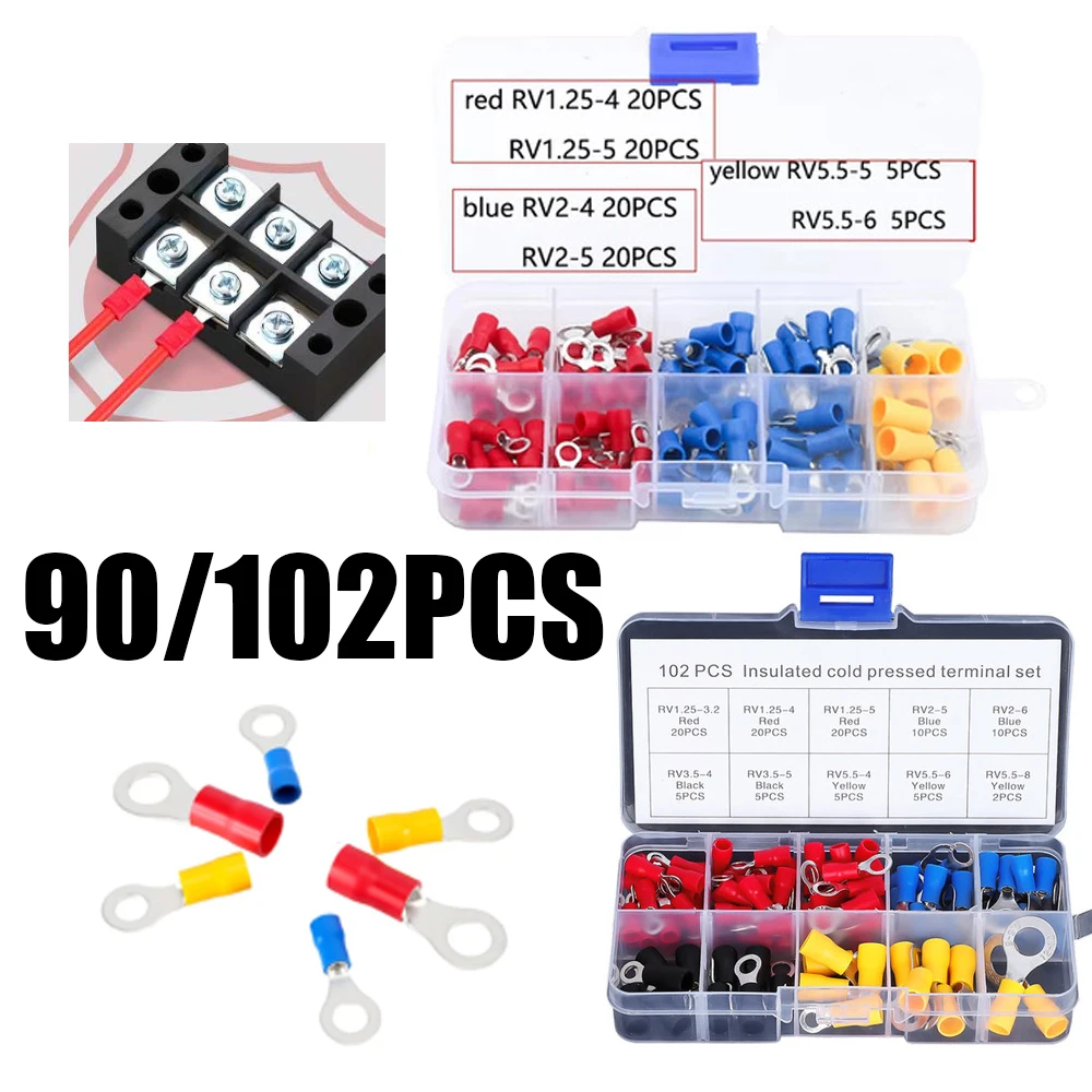 90/102pcs boxed electrical crimp terminal set, wire and cable connector set, insulated ring butt terminal suitable for electrica