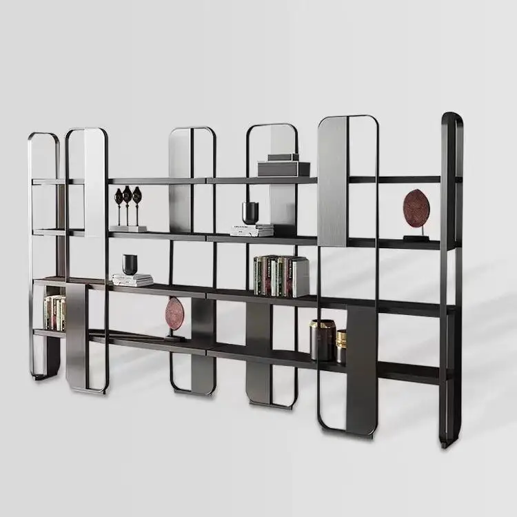 

Modern simple bookshelf floor-to-ceiling Italian living room creative multi-layer shelf light luxury stainless steel bookcase
