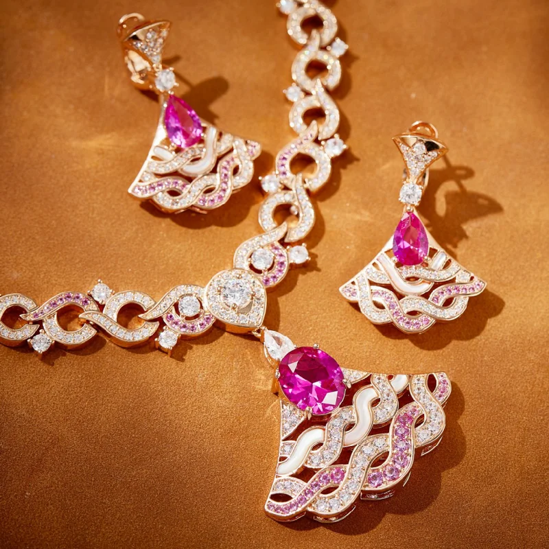 

Дизайнерские модные стильные серьги, ожерелье, женские инкрустации, розовый кубический циркон, эмаль, подвеска в форме веера, комплекты ювелирных изделий с О-образной цепочкой