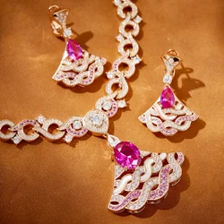 Designer Fashion Style Earrings Necklace Women Lady Inlay Pink Cubic Zircon Enamel Fanshaped Pendant O-chain Jewelry Sets