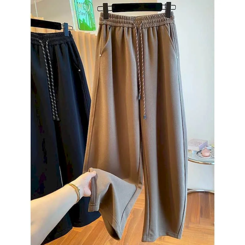 Straight Pants Solid Casual 2026 Autumn Winter Loose Korean Style Sweatpants Elastic Waist Drawstring Trousers Women Clothing