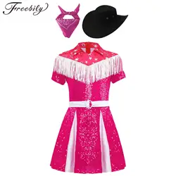 Western Cowgirl Cosplay Costume for Kids Girls Fringe Sequins Dress with Hat Bandanna Carnival Halloween Theme Party Fancy Dress