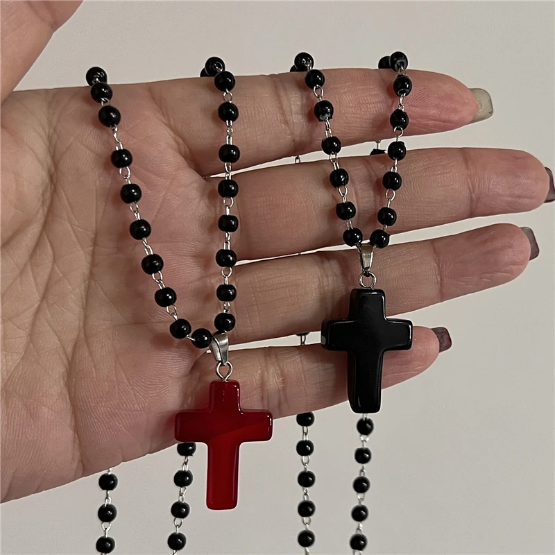 Gothic Vintage Red Glass Cross Pendant Black Bead Rope Chain Necklace For Women Men Y2K Aesthetic EMO Grunge Jewelry Accessories