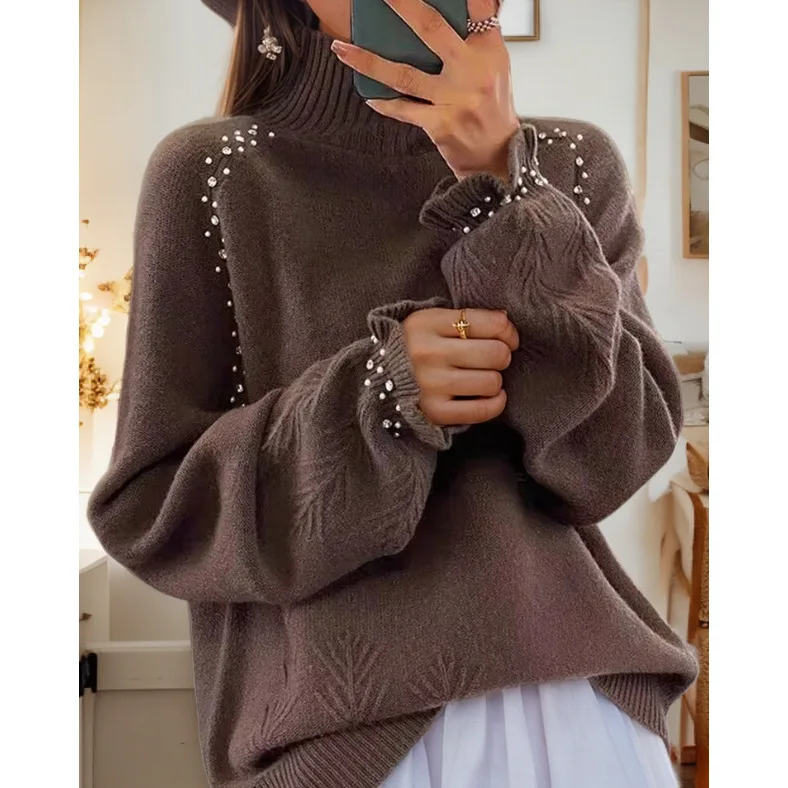 

Turtleneck Solid Women Knitted Jumpers Long Sleeve Pullovers Loose Sweater Spliced Pearls Casual 2025 Autumn Slight Strech