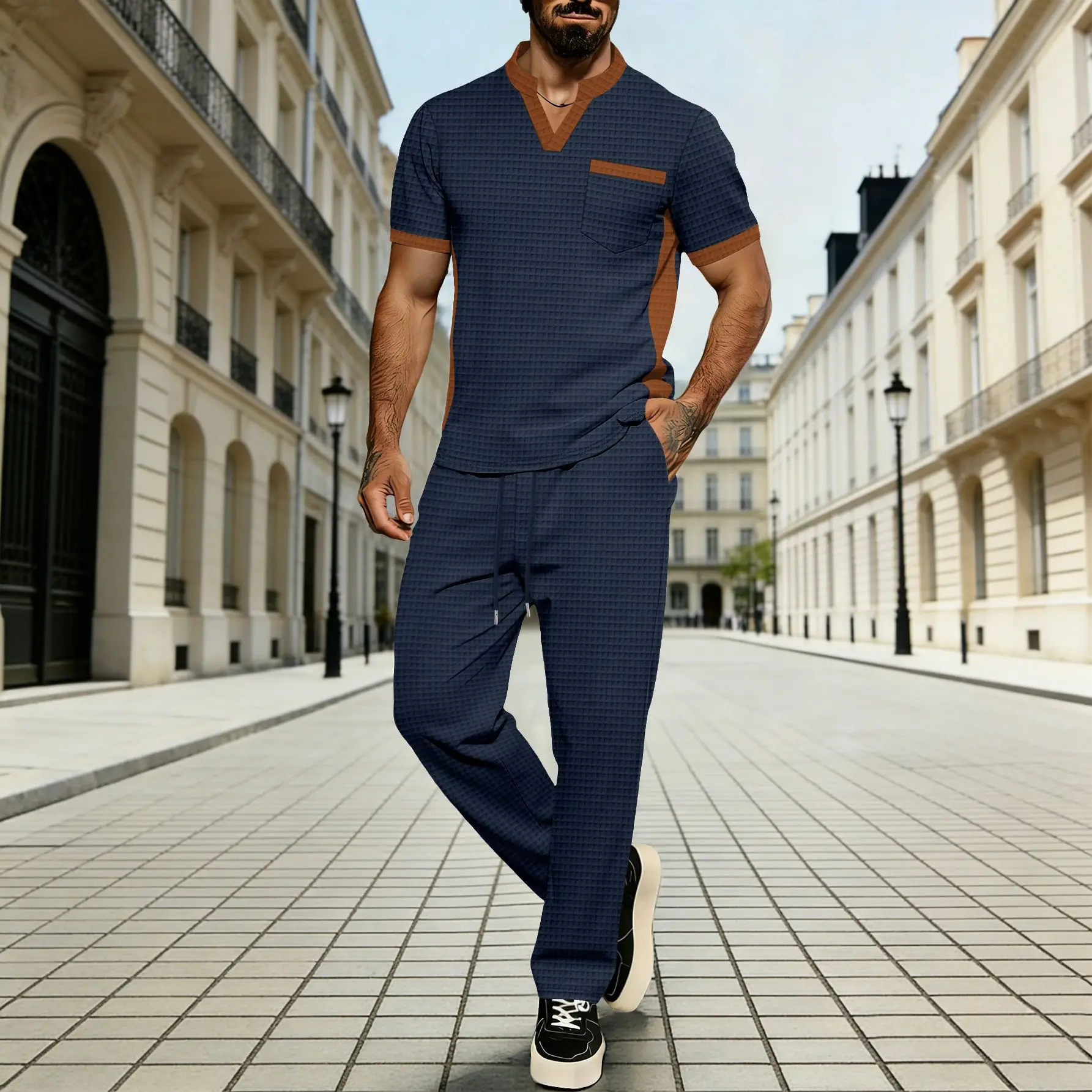 

New high-quality men's two-piece waffle knit set: Contrast-color border V-neck pocket T-shirt and long pants casual sports outfi