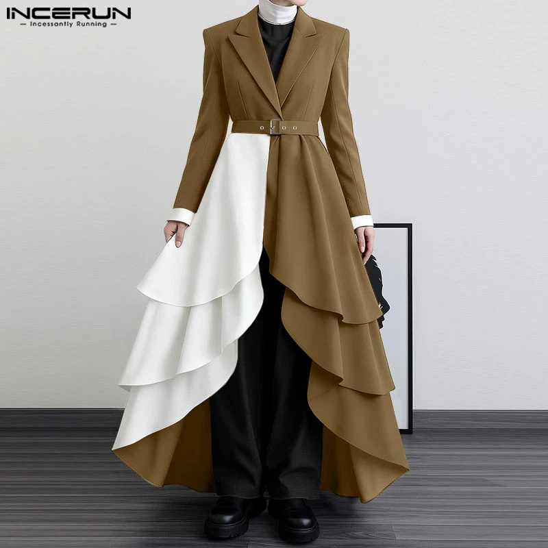 INCERUN Men Long Style Blazer Ruffle Patchwork Color-block Male Suit Dress With Belt Streetwear Elegant Fashion Casual Coats Men