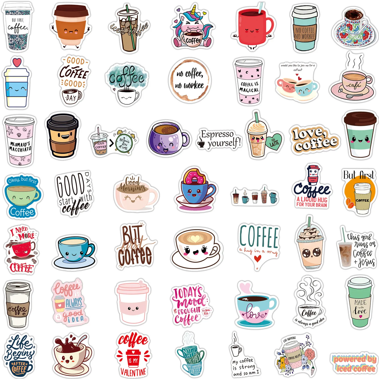 50pcs Cartoon Milk Tea Coffee Series Graffiti Stickers Suitable for Desktop Wall Decoration DIY Sticker Pack with Storage Box