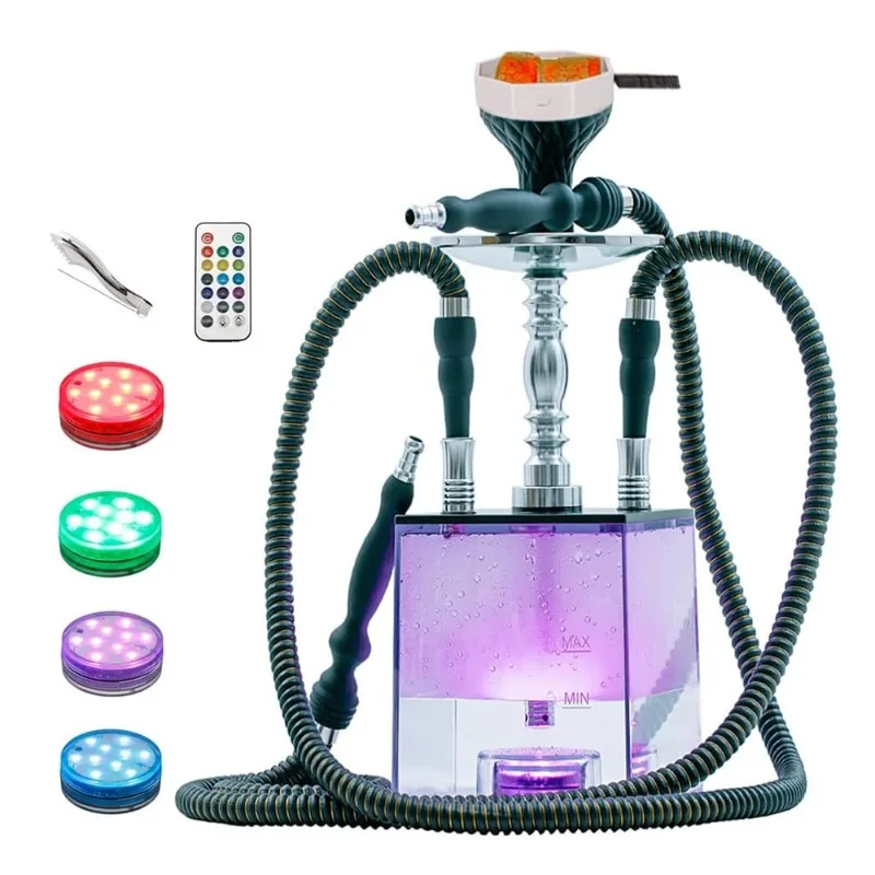 2 Hose Acrylic Cube Hookah Square Hookah Light Emitting Diode Acrylic Base