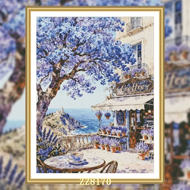 Stamped Cross Stitch Kit 11CT 14CT 16CT 18CT Printed Canvas Cotton Thread Embroidery Needlework Wall Decor[ZZ8170-Seaside Cafe]