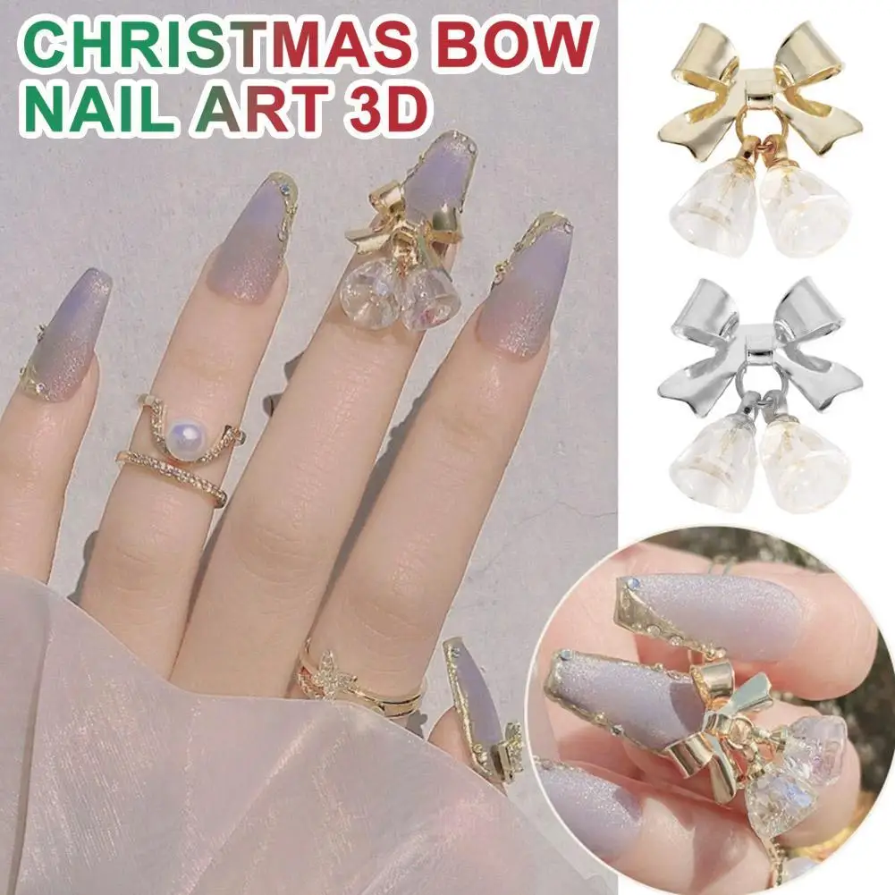 クリスマスネイルチャーム、小さなカラフルな3Dベルとリボンネイルアートデコレーション、DIYマニキュア用クリスマスネイルグリッター、ネイルアート