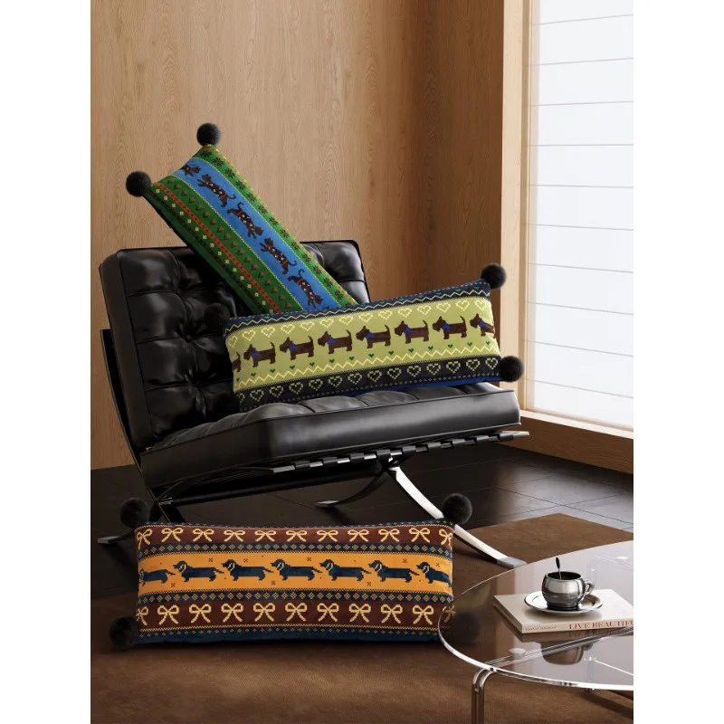 Cute Sausage Dog Pattern Velvet Long Cushion Cover 30*70cm, Pom Pom Decor Lumbar Pillowcase Home Decorative Throw Pillow Cover