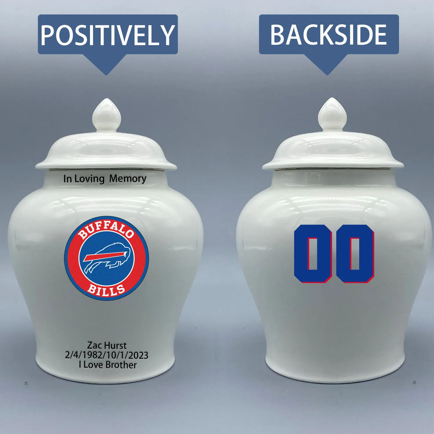 

Medium Urn for Buffalo Bills-themed Logo Urn.Please send me the customize information-name/date and number on the urn