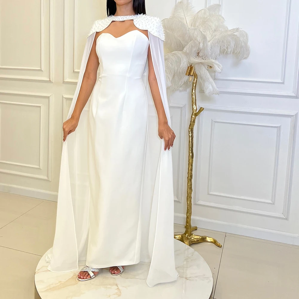 

Customized Graceful Jersey Straight Beading Shawl Evening Dresses Strapless Sleeveless Watteau Train White Homecoming Dress