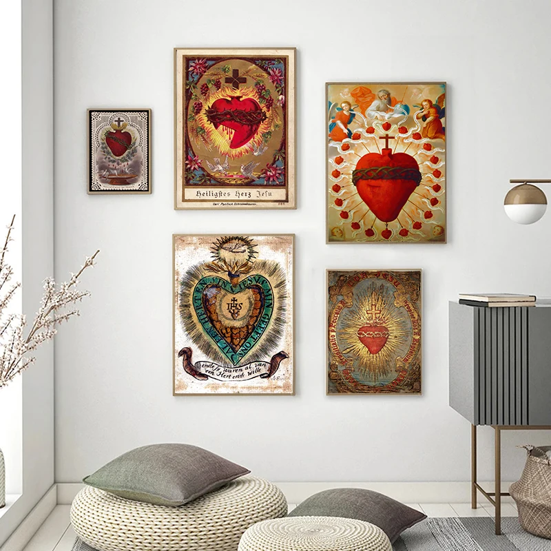 Sacred Heart of Jesus Canvas Painting Mary Sacred Heart Art Poster Print Wall Art Picture for Living Room Home Decor Cuadros