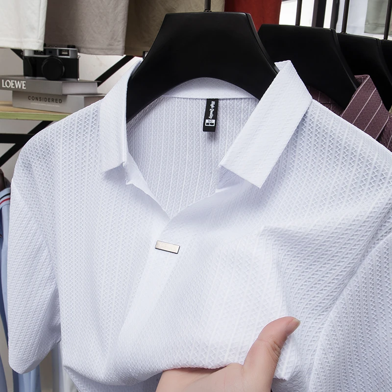 

Summer Men's New Short Sleeve Scissors Collar Polo Business Casual Comfortable Cool Fashion Striped Design Shirt Base Shirt