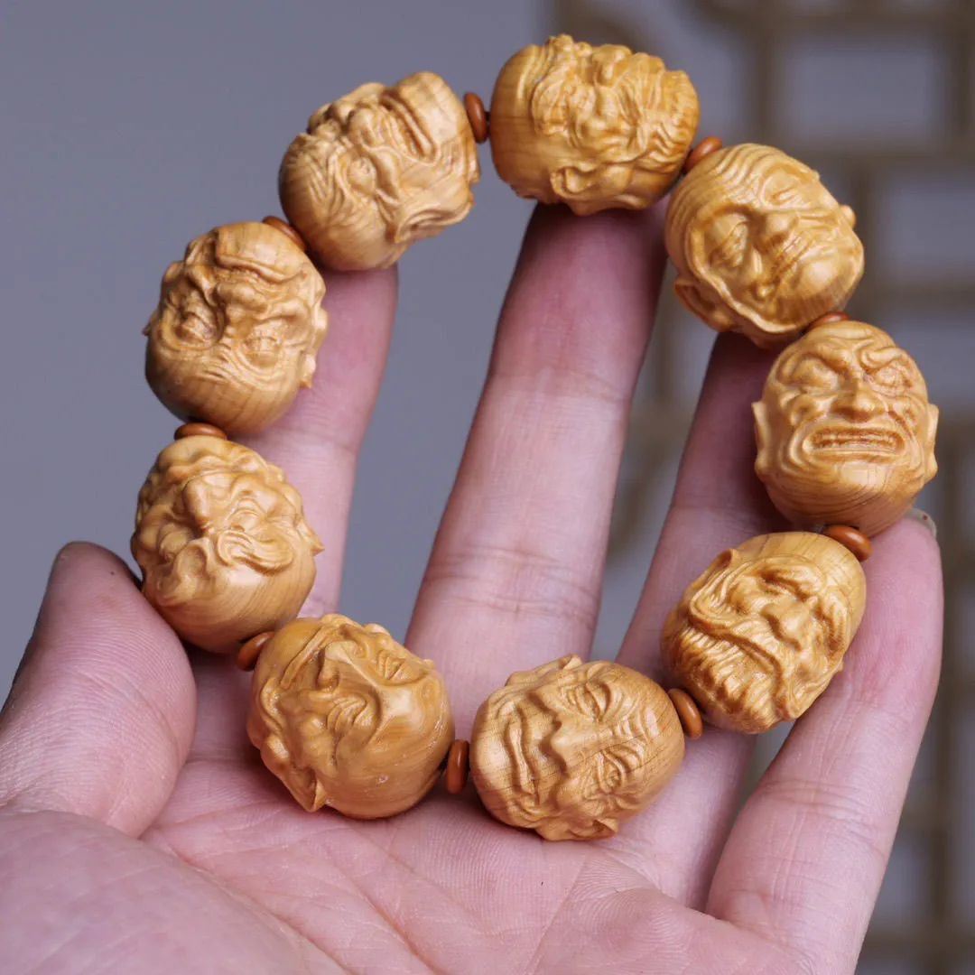 20mm Natural YaBai Wood Carving Eighteen Arhats Bracelet Prayer Beads