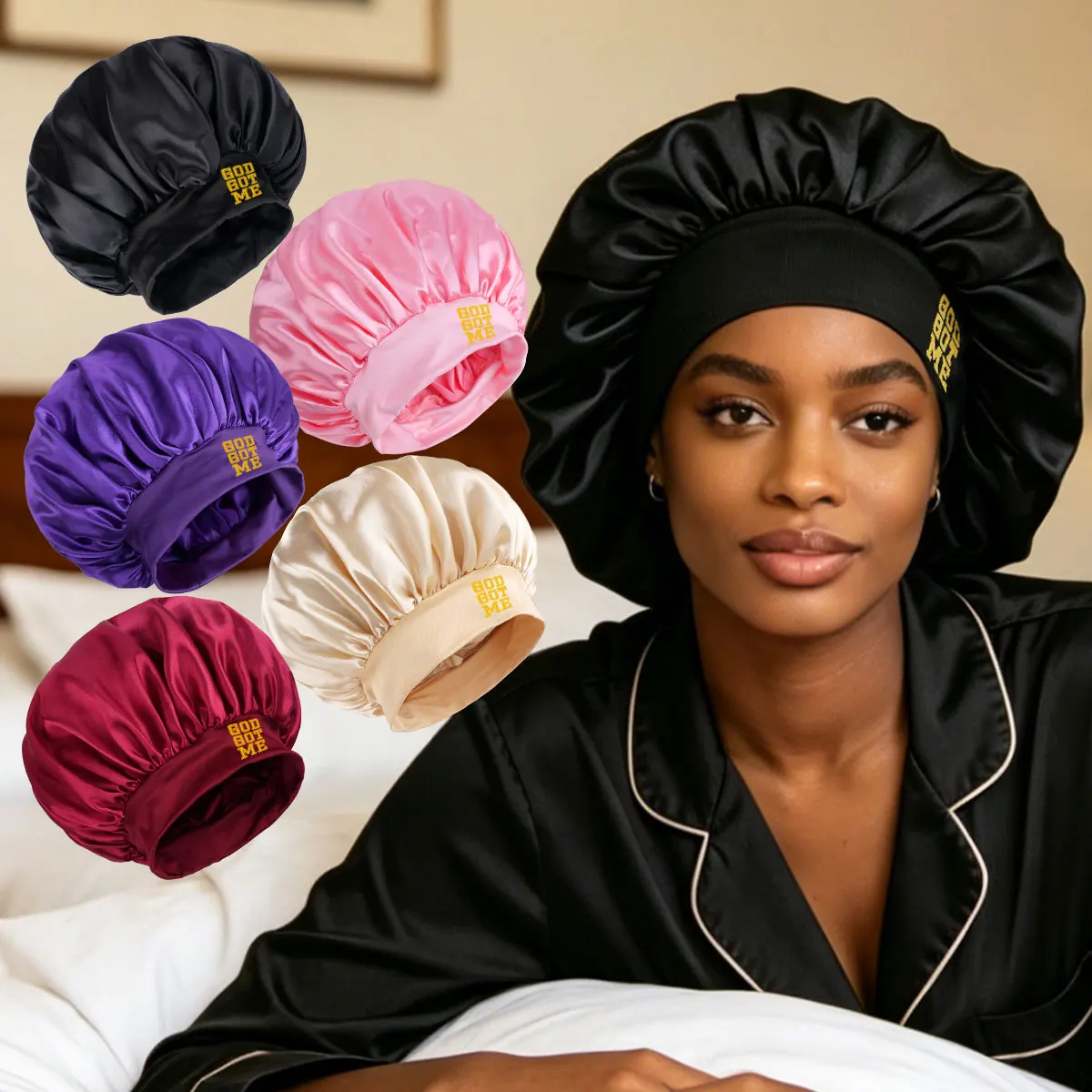 Women's Solid Color Wide Brim Stretch Stain-Resistant Satin Sleep Cap, Casual Comfortable Sleep Hat, Hair Protection Cap