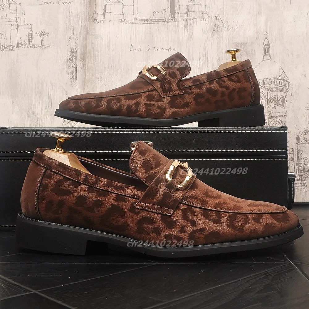 Men's Slip-On Metal Buckle Leopard Print Fluffy Fabric Upper Loafers, Square Toe, Low Block Flat Heel Shoes in Brown and Black