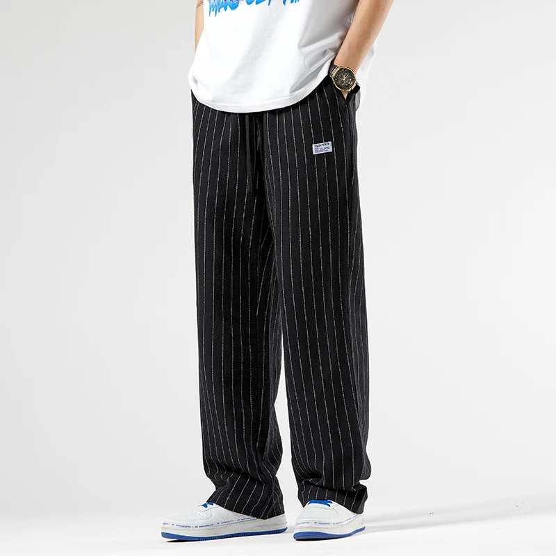 

Men's Summer Cotton Linen Straight Leg Pants Loose Wide Leg Casual Long Trousers Thin Retro Striped Loose Fit Comfortable