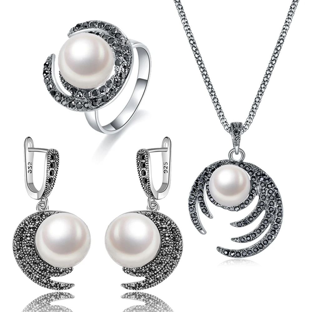 

Ajojewel White Pearl Moon Shape Pendant Earrings Necklace Rings For Ladies Beautiful Wedding Gift Vintage Jewelry Sets Bijoux