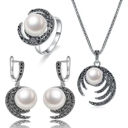 Ajojewel White Pearl Moon Shape Pendant Earrings Necklace Rings For Ladies Beautiful Wedding Gift Vintage Jewelry Sets Bijoux